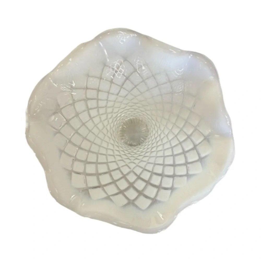 Northwood Glass Diamond Point EAPG Swung Ruffled Vase, Opalescent White ca. 1900